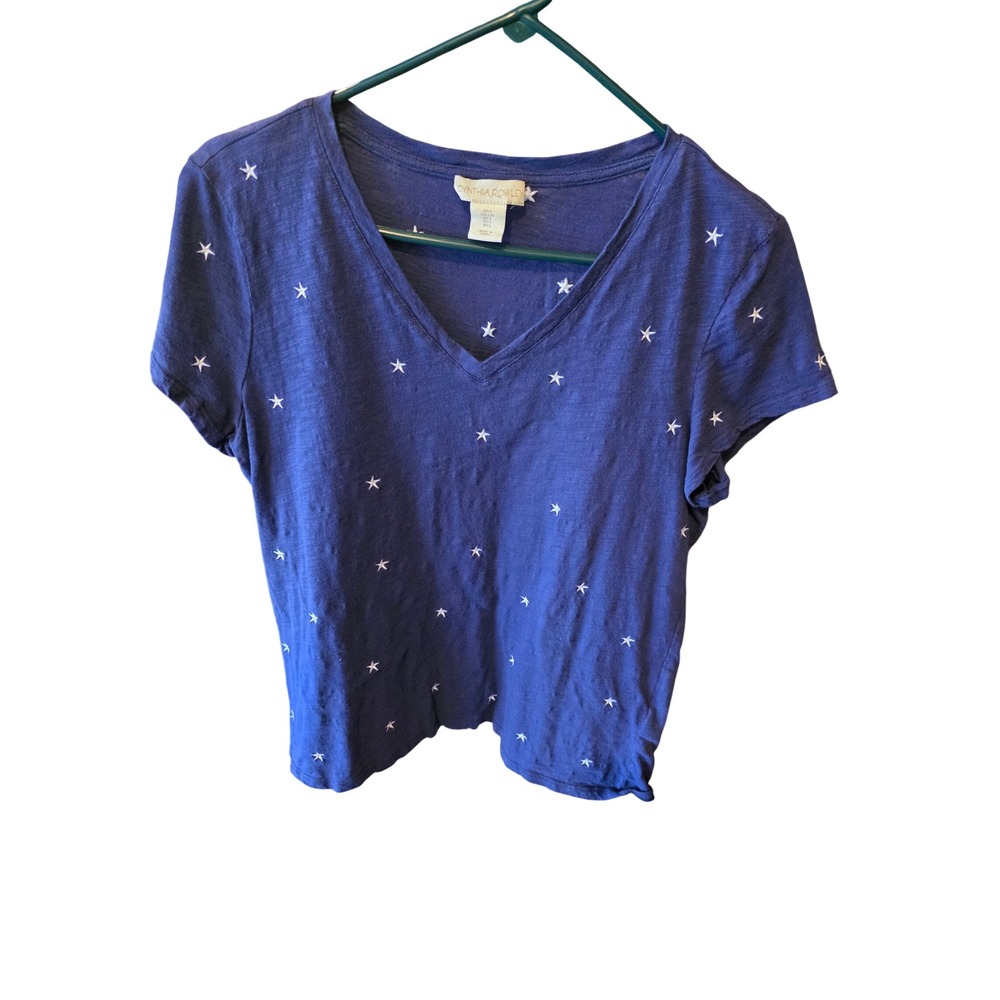 Cynthia Rowley Womens Blue Star Embroidered V-Neck T-Shirt‎ Patriotic Large
